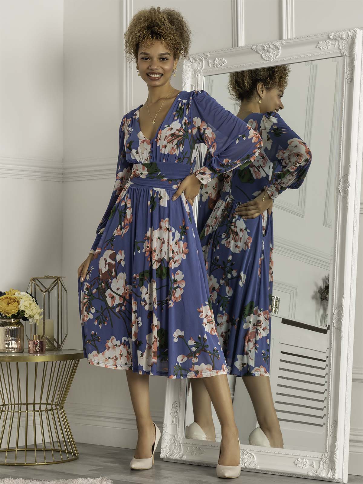 Navy floral long hotsell sleeve pleated midi dress