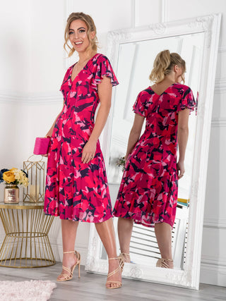 Jolie Moi Grace Mesh Midi Dress, Pink Abstract