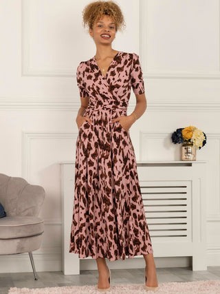 Daria Pleat Maxi Jersey Dress, Pink Abstract