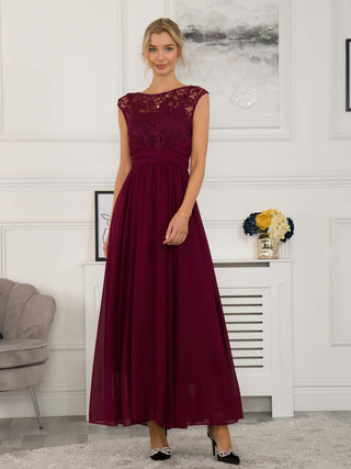 Lace Bodice Chiffon Maxi Bridesmaid Dress, Burgundy