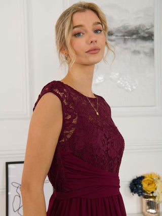 Lace Bodice Chiffon Maxi Bridesmaid Dress, Burgundy