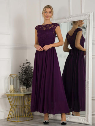Lace Bodice Chiffon Maxi Bridesmaid Dress, Dark Purple