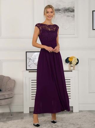 Lace Bodice Chiffon Maxi Bridesmaid Dress, Dark Purple