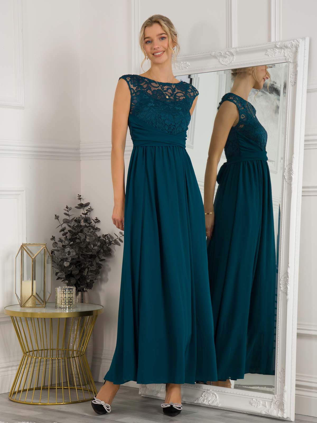 Lace Bodice Chiffon Maxi Bridesmaid Dress Dark Teal Jolie Moi