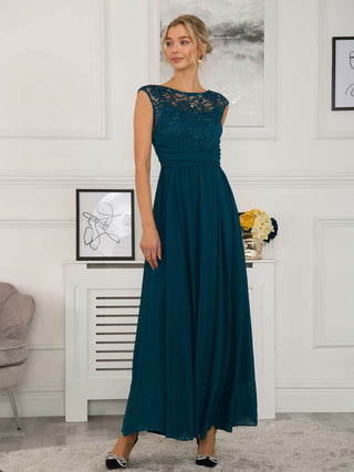 Lace Bodice Chiffon Maxi Bridesmaid Dress, Dark Teal