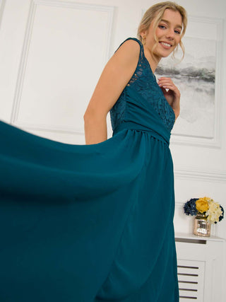 Lace Bodice Chiffon Maxi Bridesmaid Dress, Dark Teal Jolie Moi Retail Lace Bodice Chiffon Maxi Bridesmaid Dress, Dark Teal Jolie Moi Retail