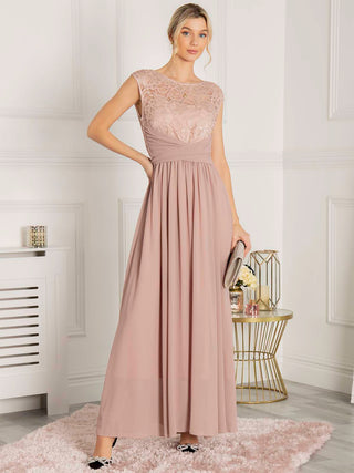 Lace Bodice Chiffon Maxi Bridesmaid Dress, Mauve, Sleeveless, Maxi Bridesmaids Dress, Front Side