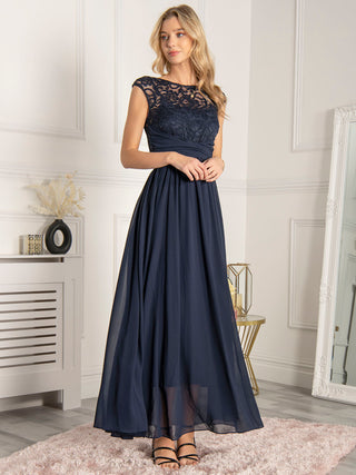 Lace Bodice Chiffon Maxi Bridesmaid Dress, Navy