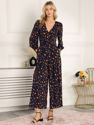 Kylie Long Sleeve Jumpsuit, Animal Multi, Front Knot Detail, Puff Sleeves, Cuffed Sleeves, V-neckline, Wide Leg, 2 Side Pockets
