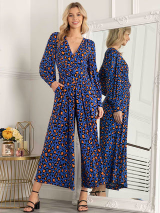 Kylie Long Sleeve Jumpsuit, Blue Animal, Puff Sleeve, V-neckline, Wide Leg, Long sleeves, Front Image