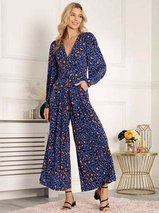 Kylie Long Sleeve Jumpsuit, Blue Animal, Puff Sleeve, V-neckline, Wide Leg, Long sleeves, Mini Open Back, Side Image