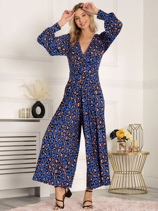 Kylie Long Sleeve Jumpsuit, Blue Animal, Puff Sleeve, V-neckline, Wide Leg, Long sleeves, Ruched Waistband 