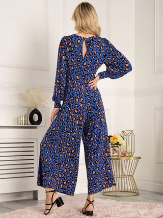 Kylie Long Sleeve Jumpsuit, Blue Animal, Puff Sleeve, V-neckline, Wide Leg, Long sleeves, Front Image, Mini Open Back, Back Side