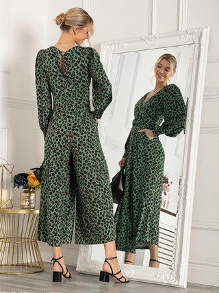 Jolie Moi Kylie Long Sleeve Jumpsuit, Green Animal, Front Knot Detail, V-neckline, Wide Leg, Puff Sleeves, Mini Open Back Design, 2 Side Pockets, Back Side