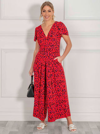 Cap Sleeve Culotte Jumpsuit, Red Animal