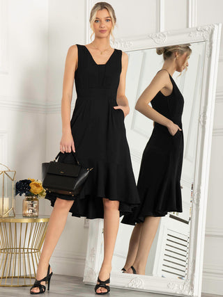 Palmer Dip Hem Shift Dress, Black, Sleevless, V-neckline, 2 Side Pockets, Midi Dress, Fit and Flare Hem, Front