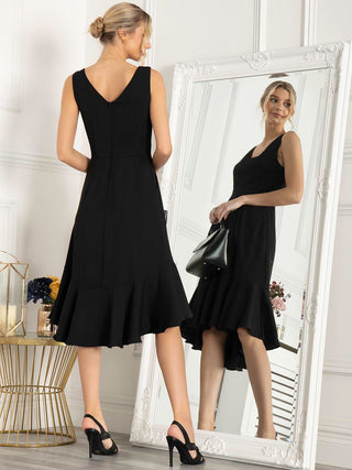 Palmer Dip Hem Shift Dress, Black, Sleevless, V-neckline, 2 Side Pockets, Midi Dress, Fit and Flare Hem, Back Zip Fastening