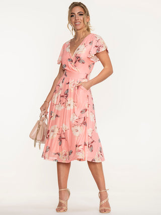 Jolie Moi Kiley Wrap Front Mesh Dress, Coral Pink