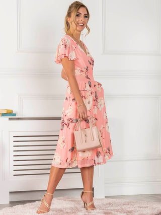 Jolie Moi Kiley Wrap Front Mesh Dress, Coral Pink