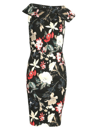 Retro Print Bardot Neck Shift Dress, Black Floral