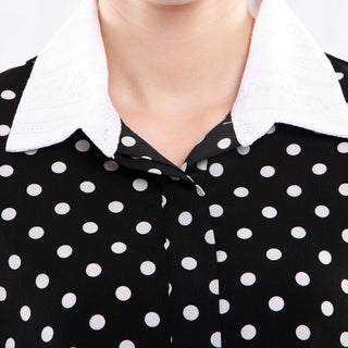 Contrast Collar A-line Long Shirt, Black Polka Dot