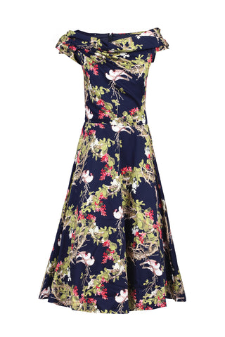 Floral Bardot Neck Dress, Navy Birds Print
