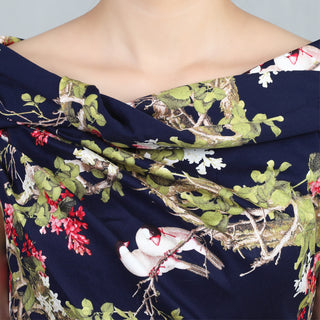 Floral Bardot Neck Dress, Navy Birds Print