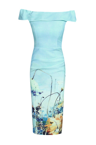 Bardot Neck Ruched Dress, Blue Pattern