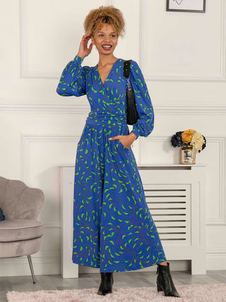 Jolie Moi Devora Long Sleeve Jumpsuit, Royal Multi
