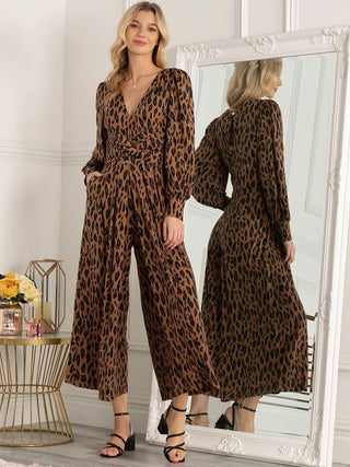 Jolie Moi Gael Long Sleeve Jumpsuit, Brown Animal, Front Knot Detail, V-neckline, Wide Leg, Puff Sleeve, Cuffed Sleeve, 2 Side Pockets, Side Image