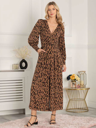 Jolie Moi Gael Long Sleeve Jumpsuit, Brown Animal, Front Knot Detail, V-neckline, Wide Leg, Puff Sleeve, Cuffed Sleeve, 2 Side Pockets, Front Image