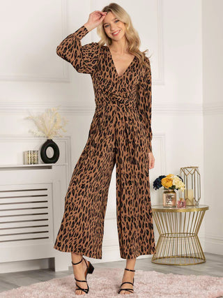 Jolie Moi Gael Long Sleeve Jumpsuit, Brown Animal, Front Knot Detail, V-neckline, Wide Leg, Puff Sleeve, Cuffed Sleeve, Front Image
