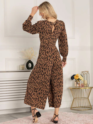 Jolie Moi Gael Long Sleeve Jumpsuit, Brown Animal, Front Knot Detail, V-neckline, Wide Leg, Puff Sleeve, Cuffed Sleeve, Mini Open Back Detail, Back Side 