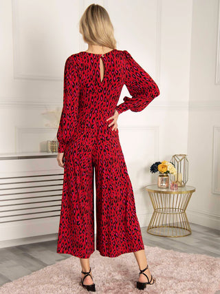Jolie Moi Gael Long Sleeve Jumpsuit, Red Animal