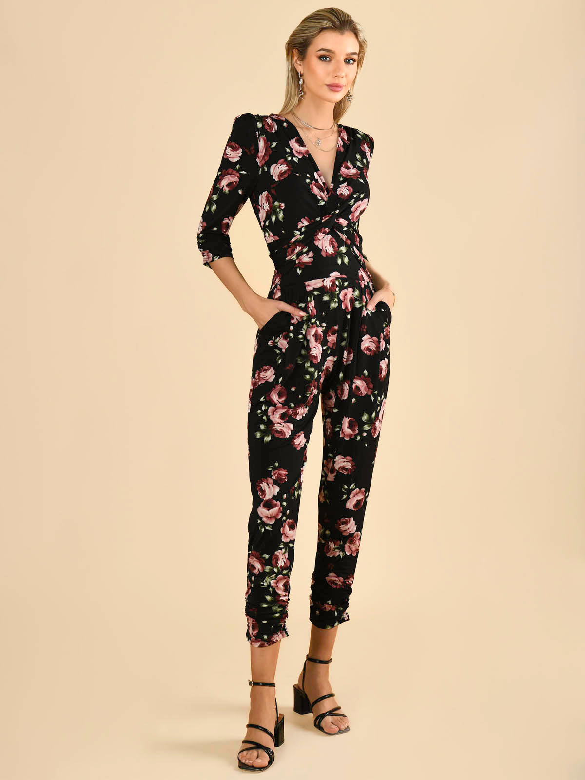 Davina Floral Blue print wide leg wrap style jumpsuit with pockets