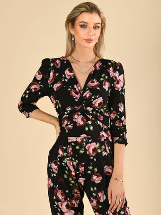 Jolie Moi Cheryl Floral Print Jersey Jumpsuit, Black Floral