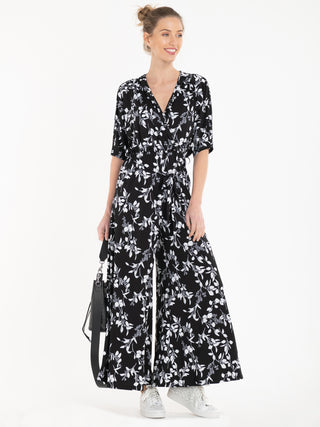 Jolie Moi Bianca Floral Print Jumpsuit, Black/White
