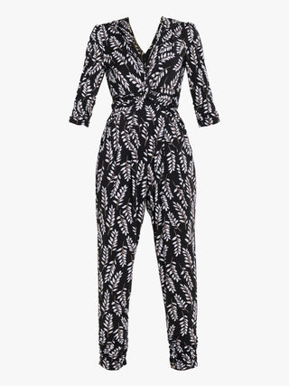 Jolie Moi Cheryl Leaf Print Jersey Jumpsuit, Black Leafy