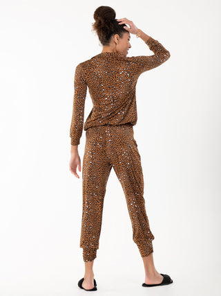 Jolie Moi Printed Blouse & Pants Jersey Set, Brown Animal