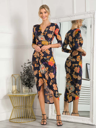Ellen Draped Bodycon Maxi Dress, Navy Orange Floral - Main Image