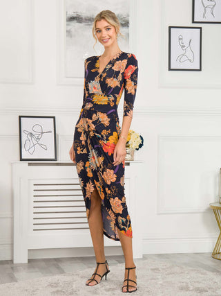 Ellen Draped Bodycon Maxi Dress, Navy Orange Floral – Jolie Moi Retail