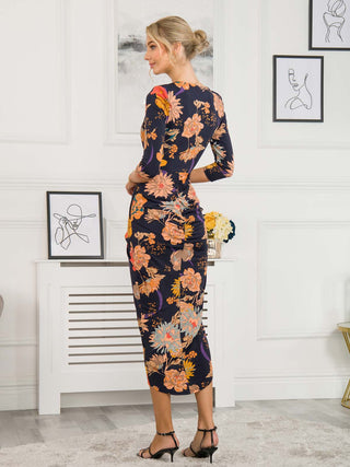 Ellen Draped Bodycon Maxi Dress, Navy Orange Floral Jolie Moi Retail Ellen Draped Bodycon Maxi Dress, Navy Orange Floral Jolie Moi Retail