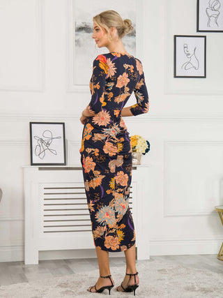 Ellen Draped Bodycon Maxi Dress, Navy Orange Floral – Jolie Moi Retail