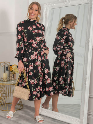 Jolie Moi Kathryn Long Sleeve Midi Dress, Black Floral