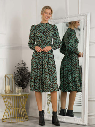 Jolie Moi Kathryn Long Sleeve Midi Dress, Green Animal