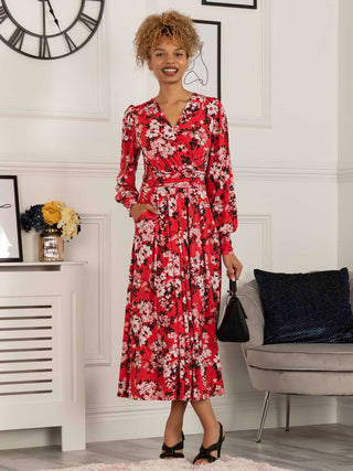 Jolie Moi Vivian Long Sleeve Dress, Red Floral