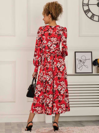 Jolie Moi Vivian Long Sleeve Dress, Red Floral