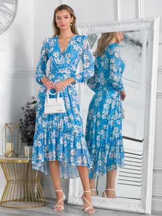Lilianna Mesh Long Sleeve Tiered Hem Dress, Blue Floral Jolie Moi Retail Lilianna Mesh Long Sleeve Tiered Hem Dress, Blue Floral Jolie Moi Retail