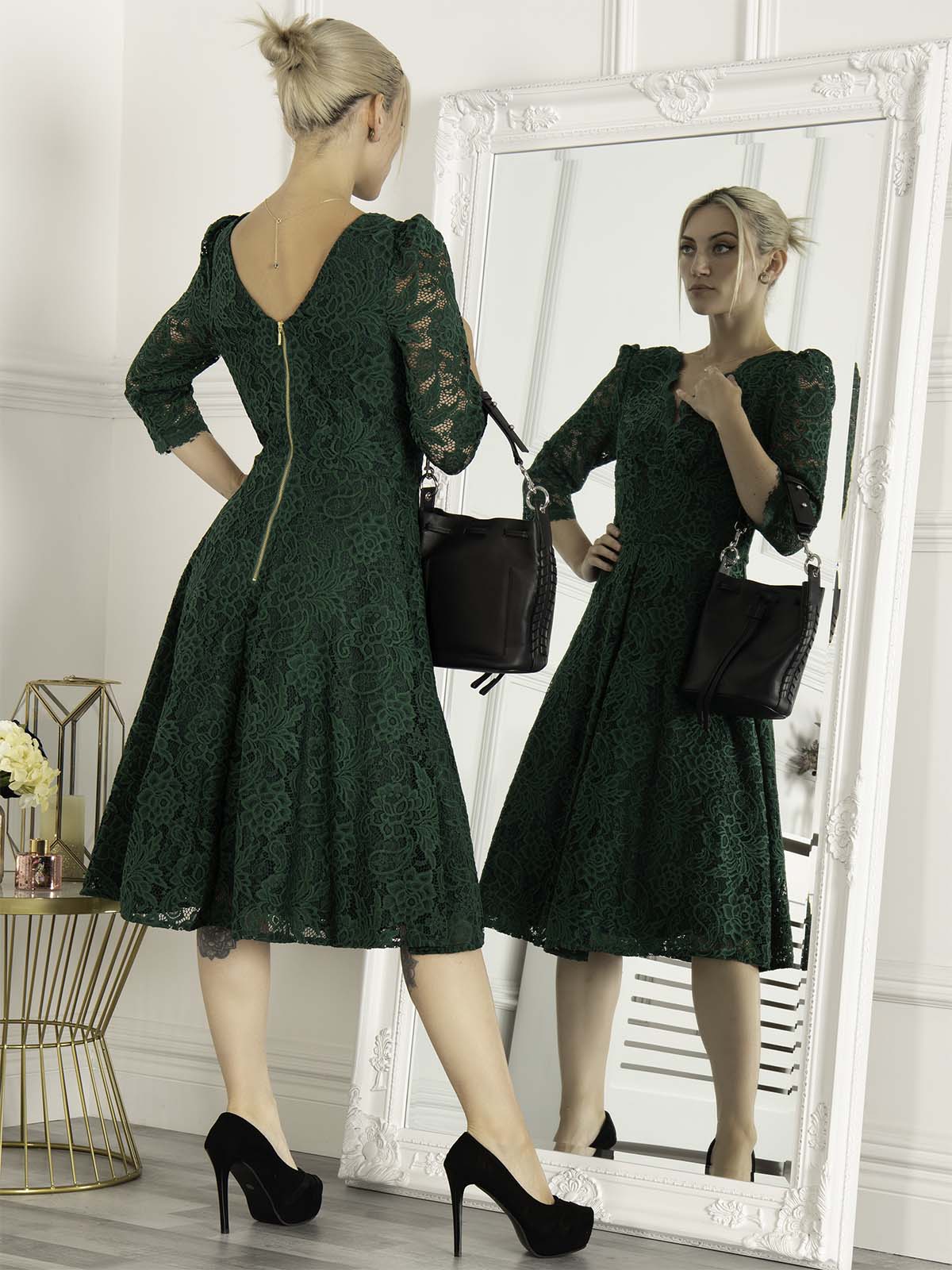 Molly 3/4 Sleeve Lace Swing Dress, Green