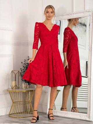 Molly 3/4 Sleeve Lace Swing Dress, Red Jolie Moi Retail Molly 3/4 Sleeve Lace Swing Dress, Red Jolie Moi Retail